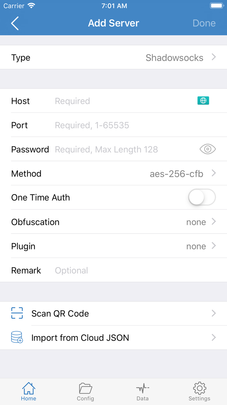 Shadowrocket의 Add Server 화면. Type, Host, Port, Password, Method 입력란과 QR 코드 가져오기 기능이 표시되어 있습니다.