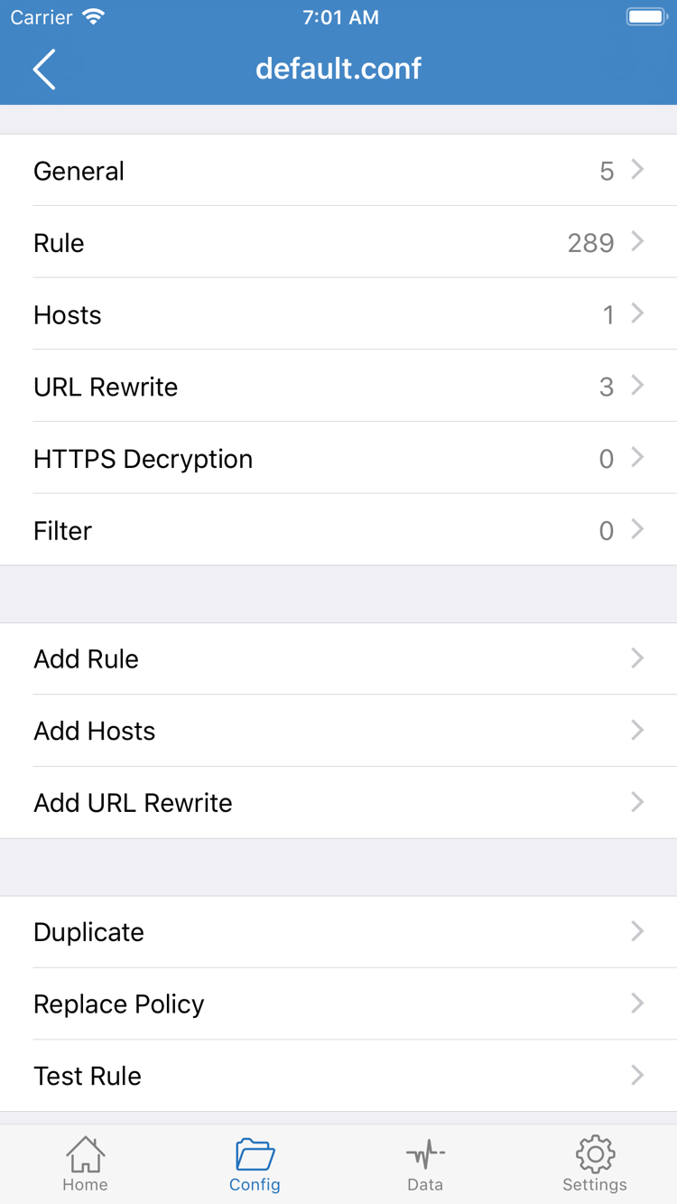 Shadowrocket의 Config 구성 편집 화면. General, Rule, Hosts, URL Rewrite, HTTPS Decryption 섹션과 Add Rule 항목이 표시되어 있습니다.