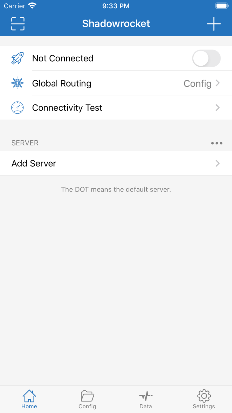 Shadowrocket의 Home 화면. 상단에 Not Connected 연결 스위치, Global Routing, Connectivity Test가 있고 아래에 SERVER 그룹과 Add Server가 표시되어 있습니다.