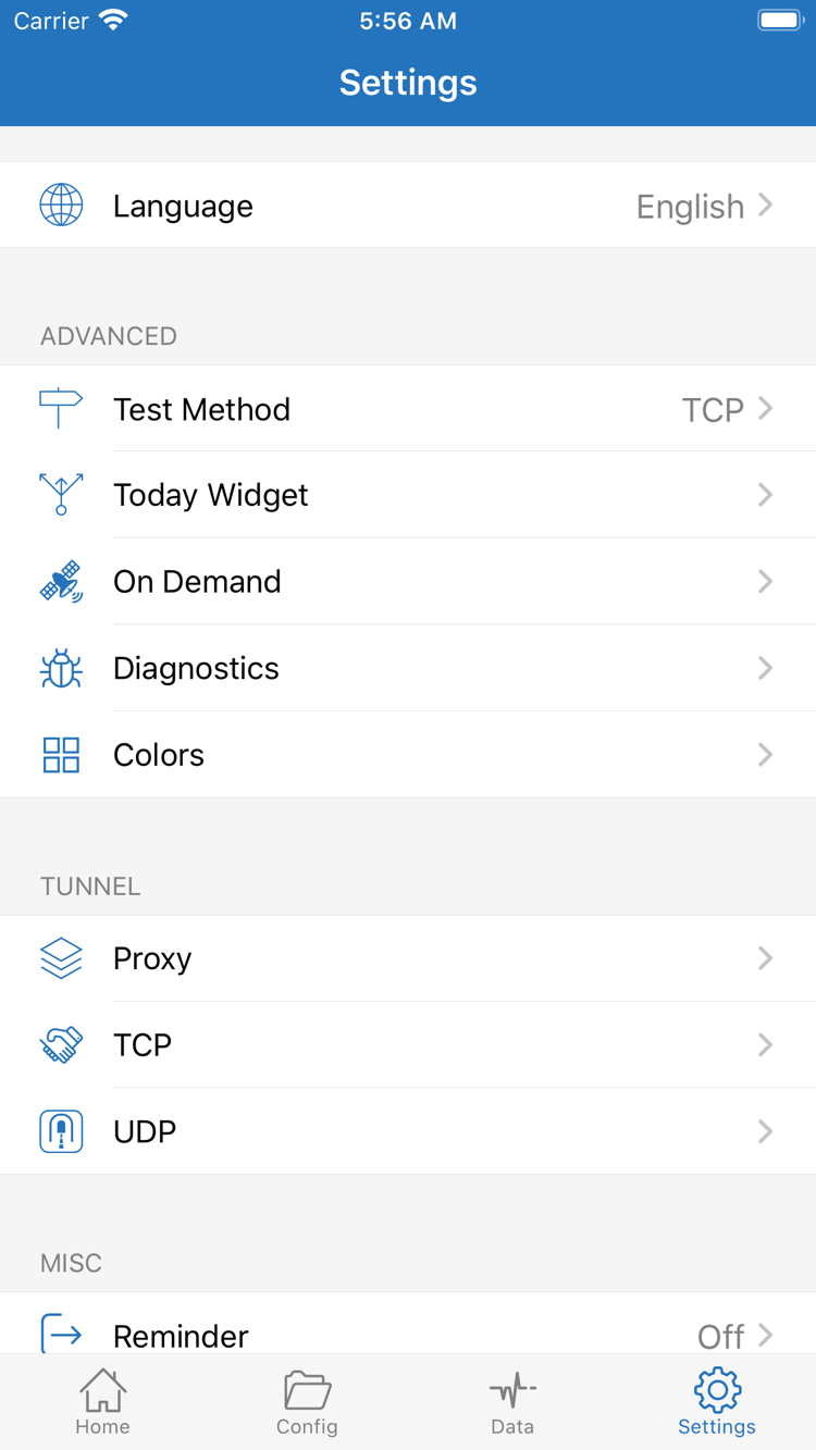 Shadowrocket의 Settings 화면. Language, Test Method, Today Widget, On Demand, Diagnostics, Proxy, TCP, UDP 설정 항목이 표시되어 있습니다.